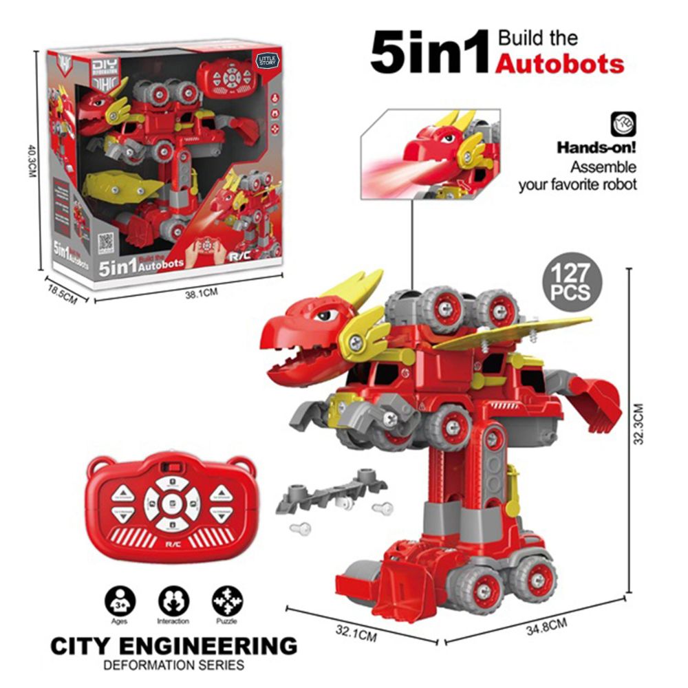 Little Story - 5-in-1 Robot Fire Fighter Truck with Remote - Red