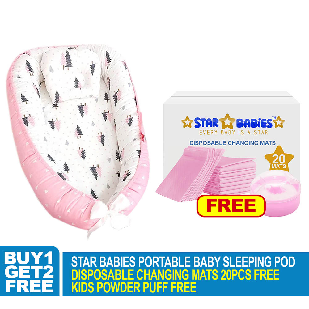 Star Babies - Baby Sleeping Bed Pod with Changing Mat - 20pcs & Powder Puff - Pink