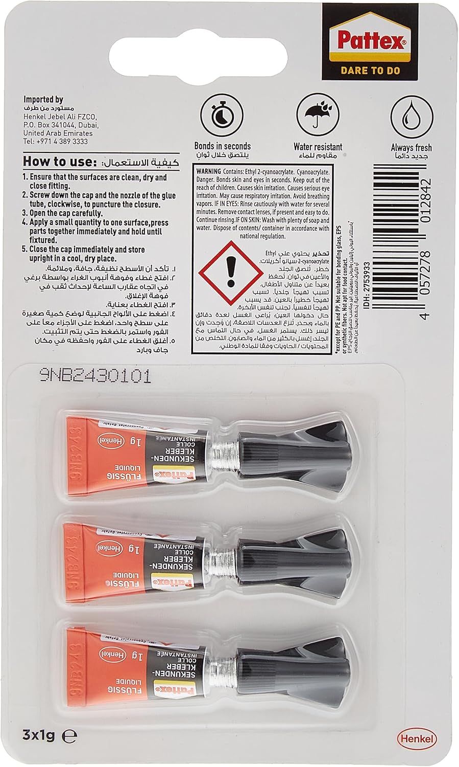 Pattex - Mini Dose Liquid Super Glue - 1 g - Pack of 3