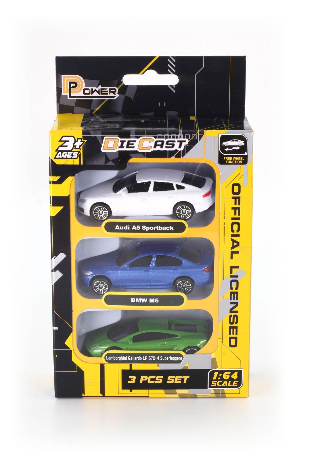 D-Power - Diecast Mini Car Set 1:64 - Audi A5 White, BMW M5 Blue, Lamborghini LP570-4 Green - Pack of 3
