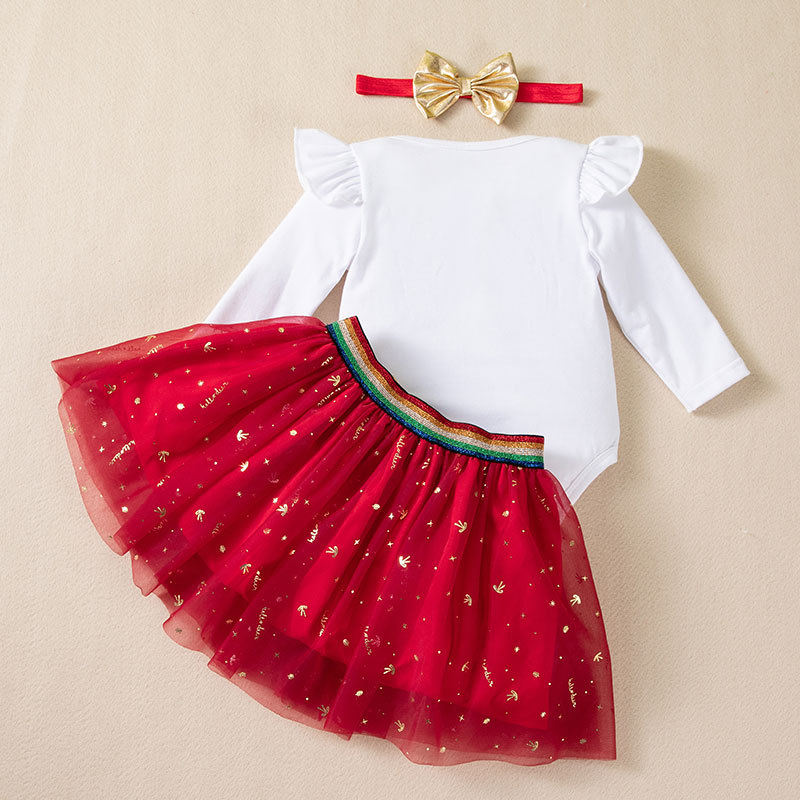 Sugar Rush - 3pc-Set - Baby Girl's My 1st Christmas Printed Romper, Skirts & Hairband - Red/White