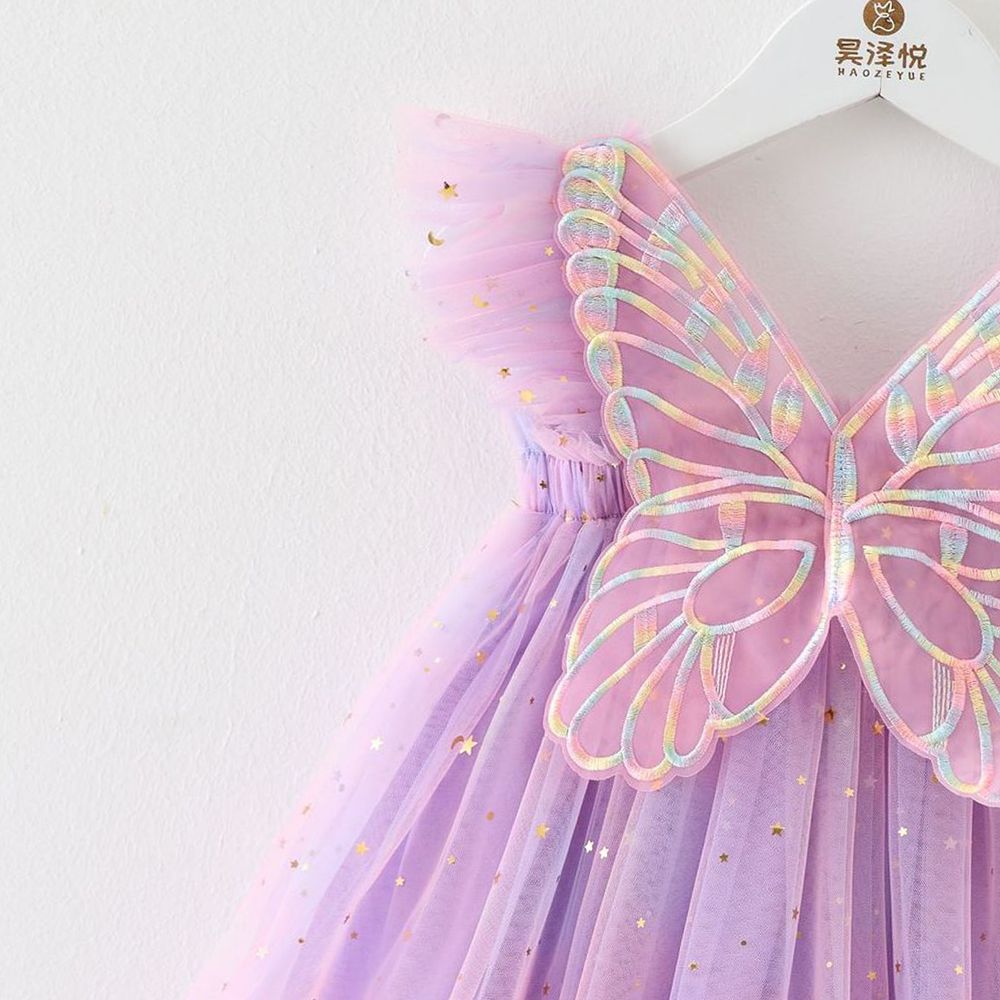 شوغر راش - فستان بأكمام قصيرة مزين بالتطريز للبنات - بنفسجي