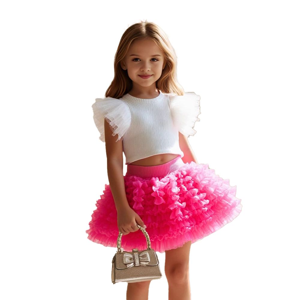 Sugar Rush - 2pc-Set - Girls' Solid Cap Sleeves Top & Skirts - White/Fuchsia