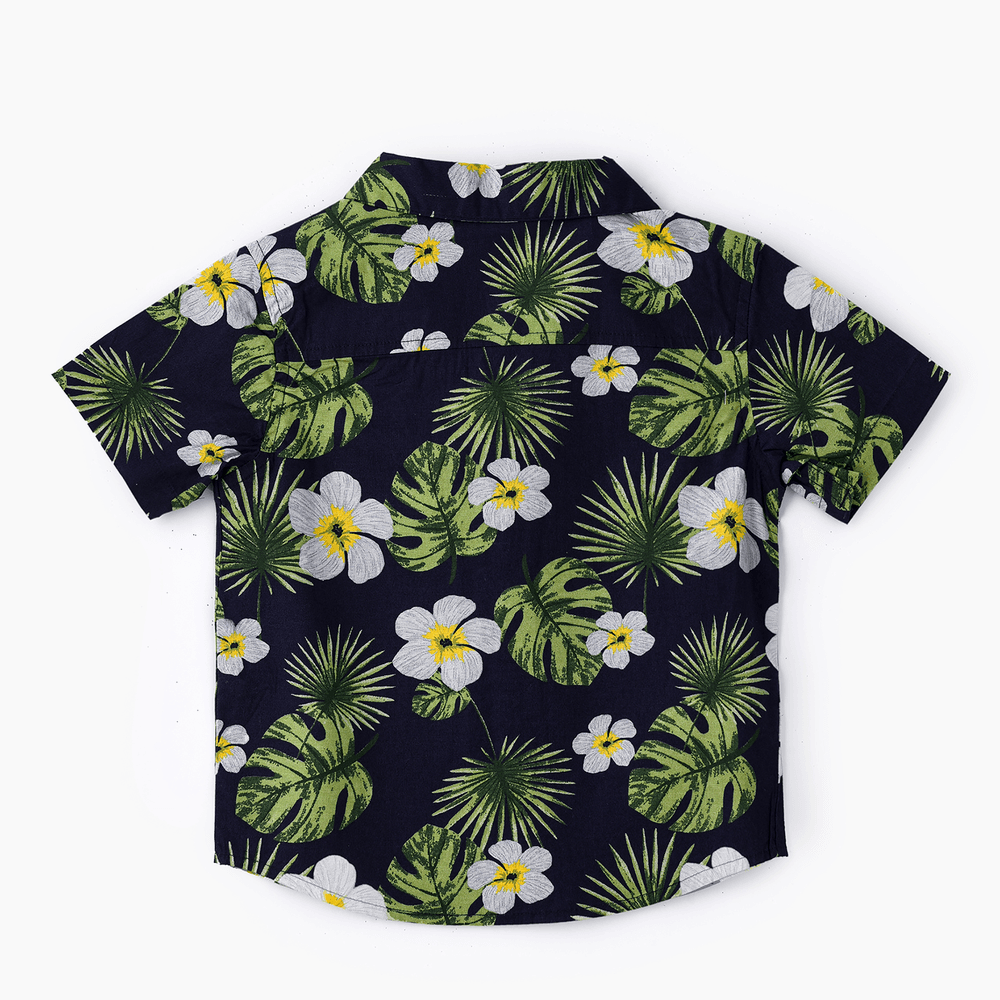 جام - قميص هاواي مورد من القطن المنسوج للأولاد - أزرق داكن/أخضر/أبيض