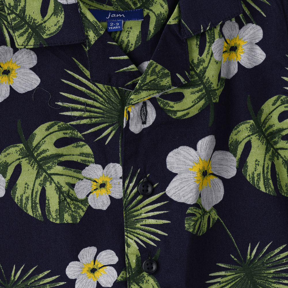 جام - قميص هاواي مورد من القطن المنسوج للأولاد - أزرق داكن/أخضر/أبيض