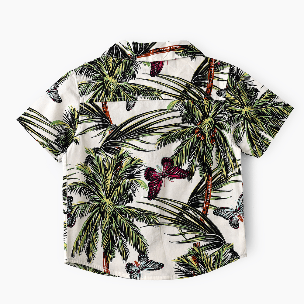 جام - قميص قطن منسوج للأولاد - فراشات استوائية - أبيض/أخضر/وردي