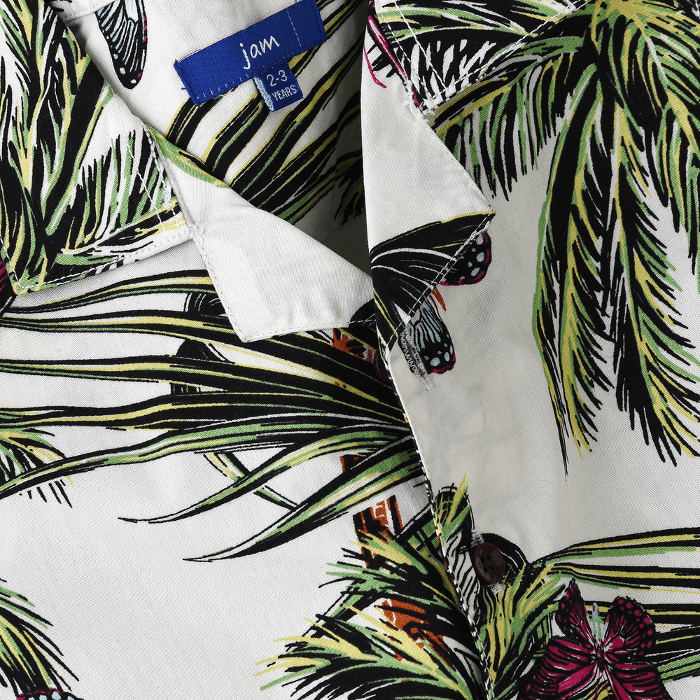 جام - قميص قطن منسوج للأولاد - فراشات استوائية - أبيض/أخضر/وردي