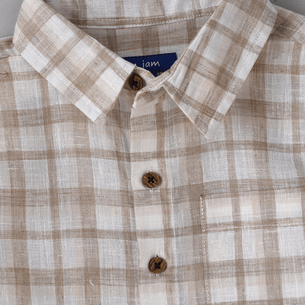 جام - قميص مربعات قطن منسوج للأولاد - بيج/أبيض