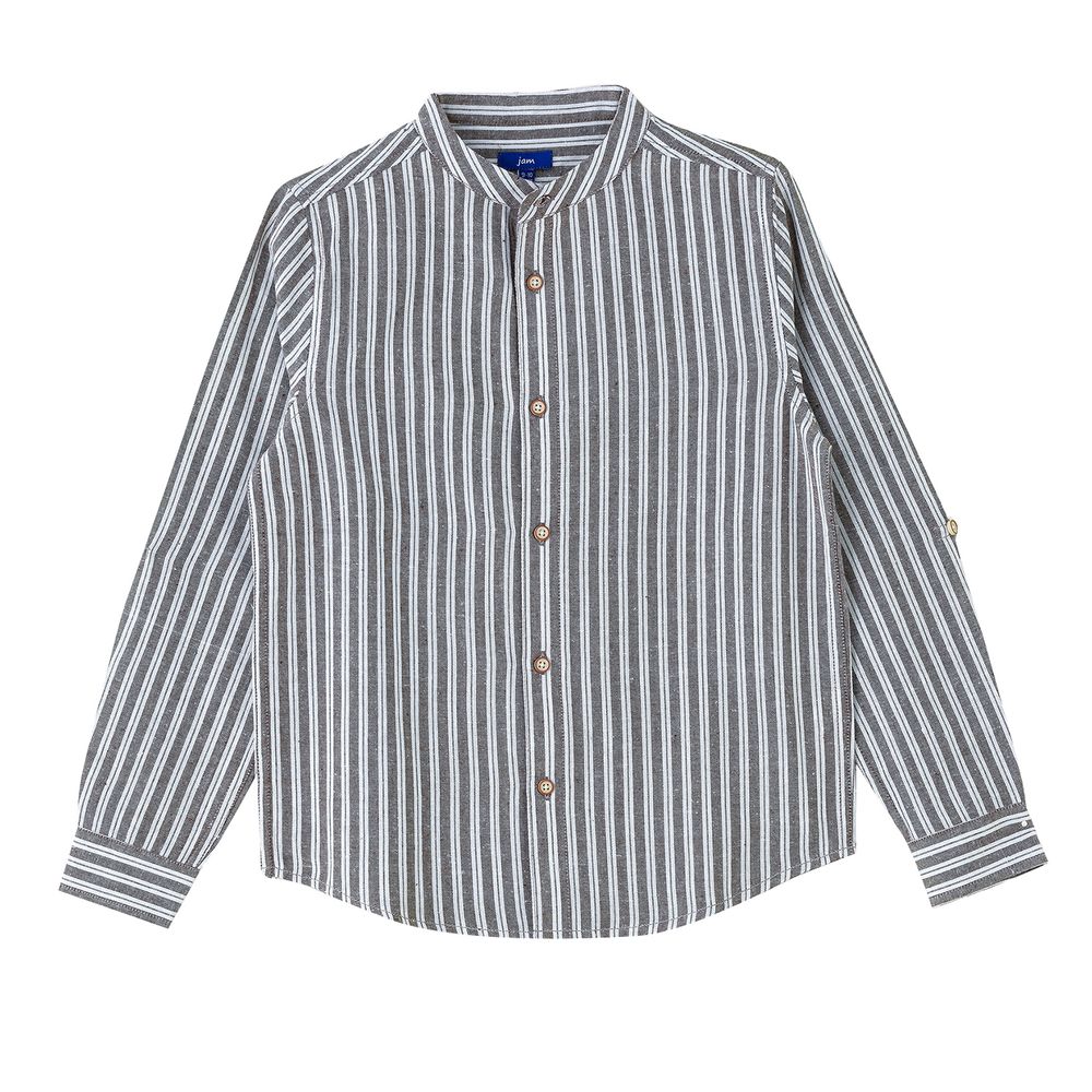 جام - قميص ولادي قطن مخطط بالطول بياقة ماندارين - رمادي/أبيض