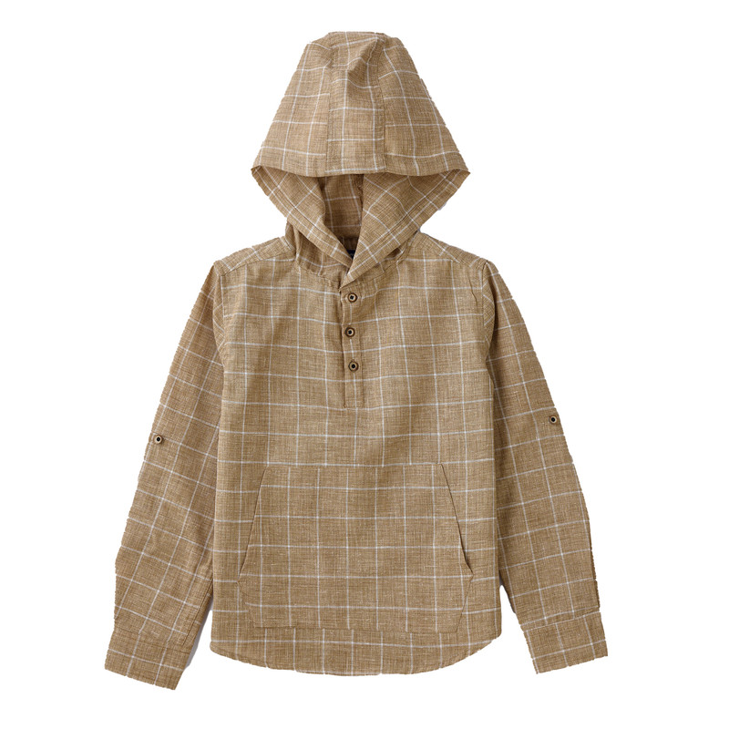 جام - قميص مربعات قطن منسوج بغطاء رأس للأولاد - بني/أبيض