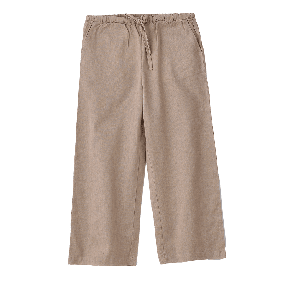 جيلين - بنطلون بناتي بقصة مريحة من القطن والكتان المنسوج - بيج