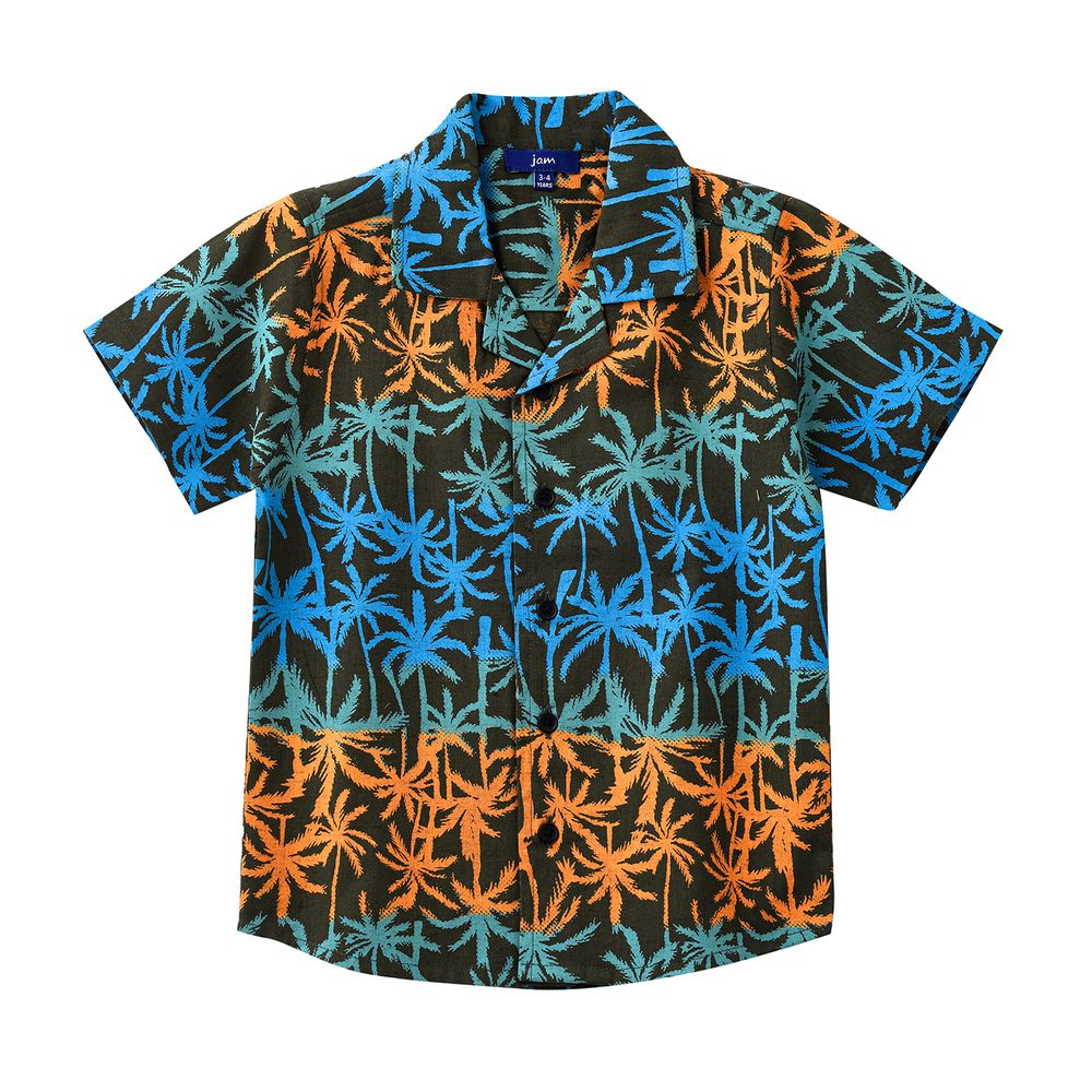 جام - قميص ولادي من الكتان بطبعة استوائية وياقة مفتوحة