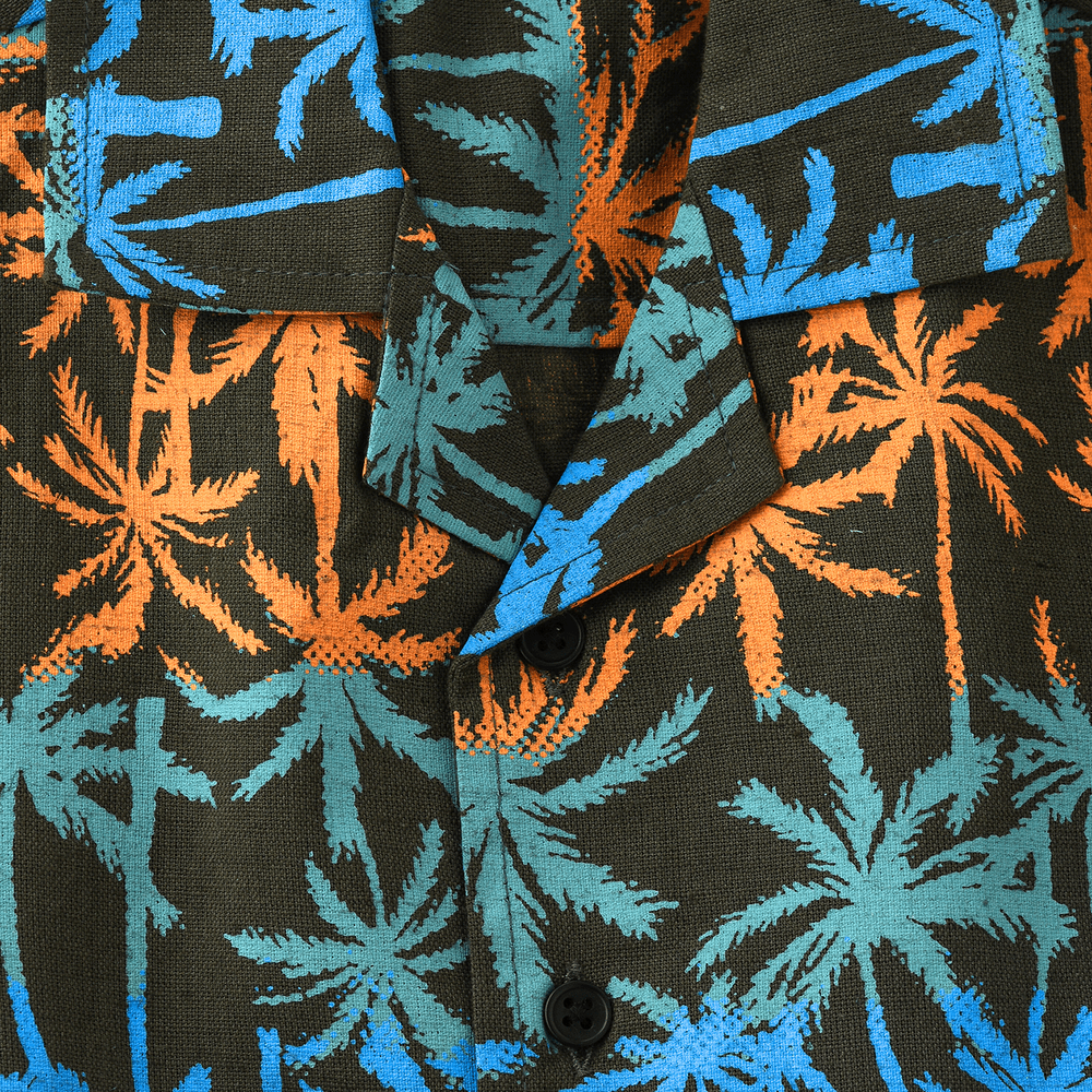 جام - قميص ولادي من الكتان بطبعة استوائية وياقة مفتوحة