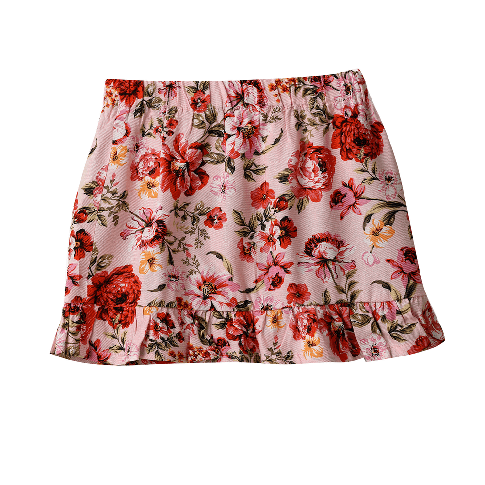 Jelliene - Girl's Floral Ruffle Hem Skirt - Pink