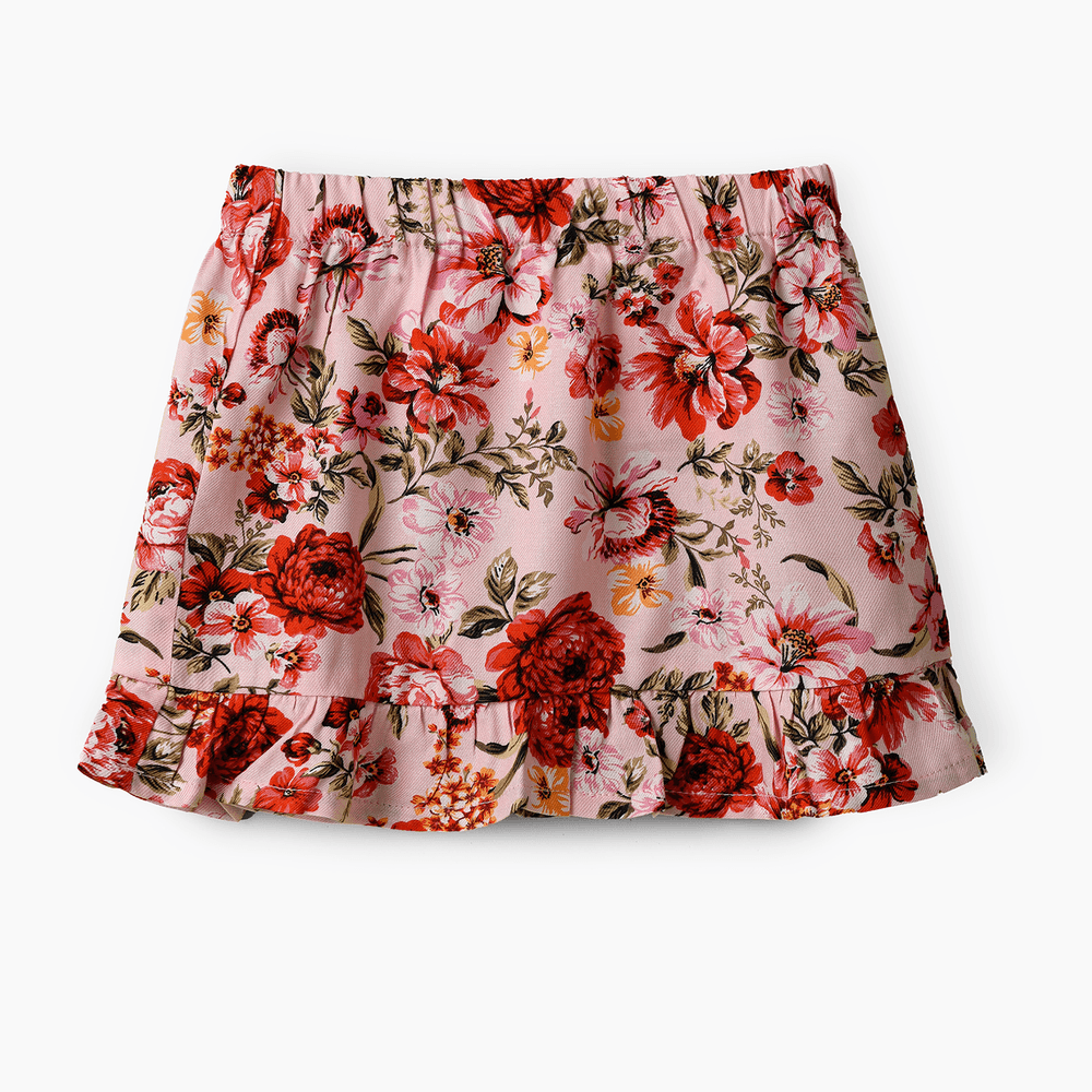 Jelliene - Girl's Floral Ruffle Hem Skirt - Pink