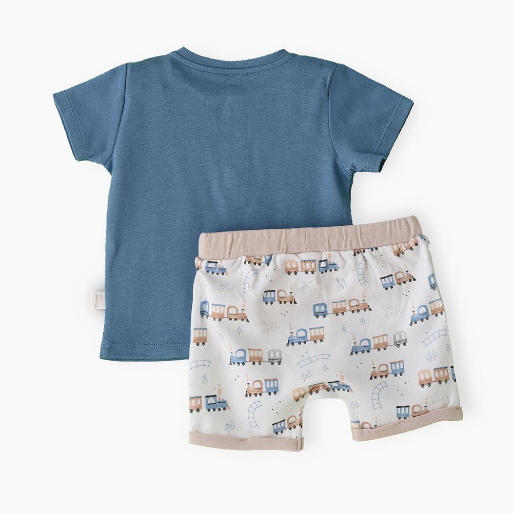 إليغانت كيدز - طقم تي شيرت وشورت قطني مطرز بقطار تشو تشو للأولاد - أزرق