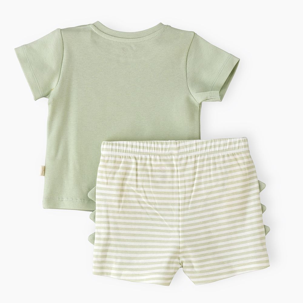 إليغانت كيدز - طقم تي شيرت بطبعة نمر وشورت مخطط بظهر ديناصور للأولاد - أخضر