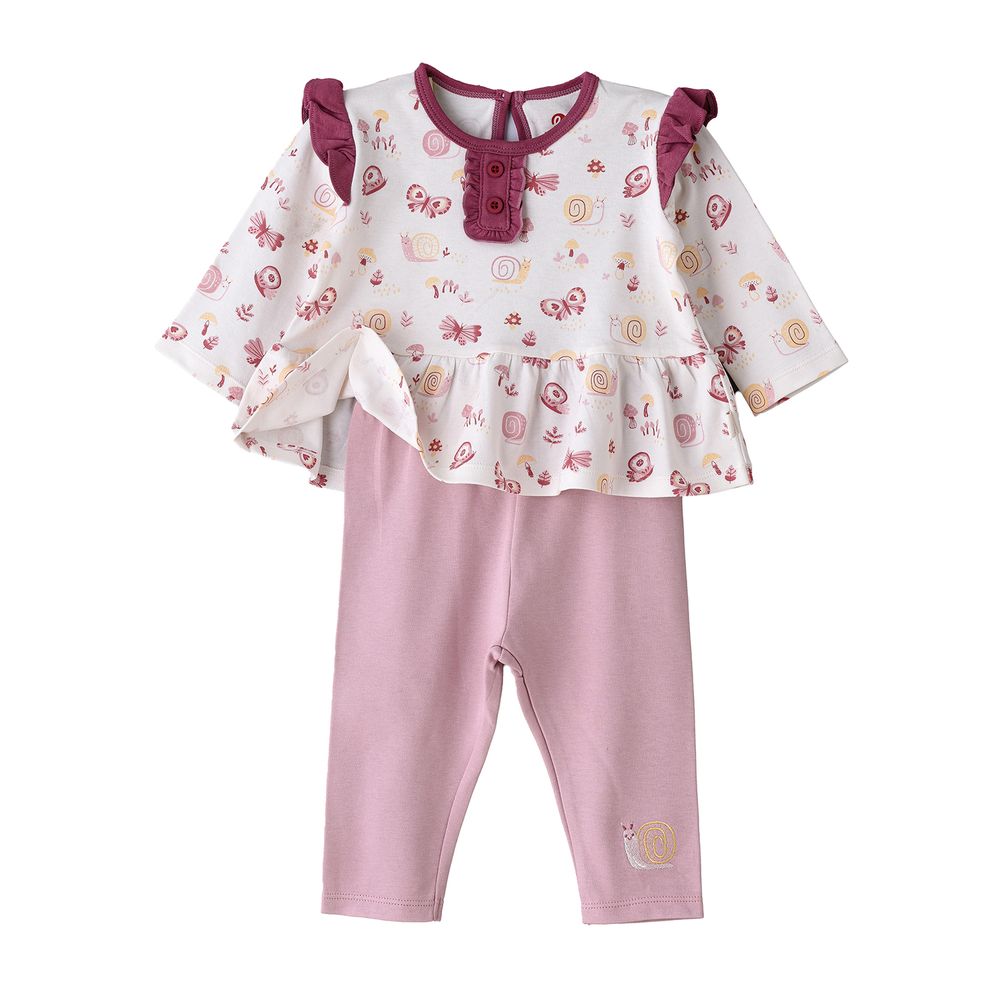 إليغانت كيدز - طقم بلوزة بأكمام طويلة مكشكشة مع بنطال ضيق للبنات - وردي