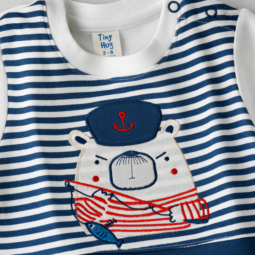 Tiny Hug - Baby Onesie For Boy Striped Sailor Bear - Blue