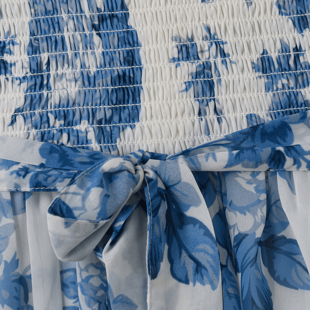 جيلين - فستان حفلات مورد بحزام للبنات - أبيض/أزرق