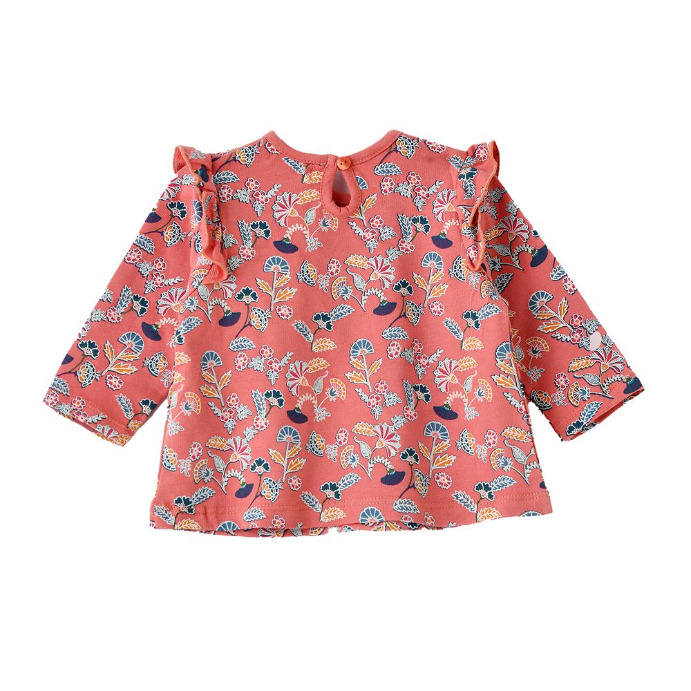 Jelliene - Baby Coral Floral Top With Ruffle Detail
