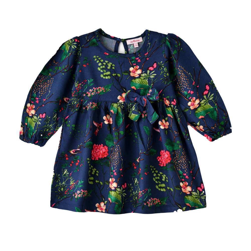 Jelliene - Girls' Floral Print Long-Sleeve Dress With Bow