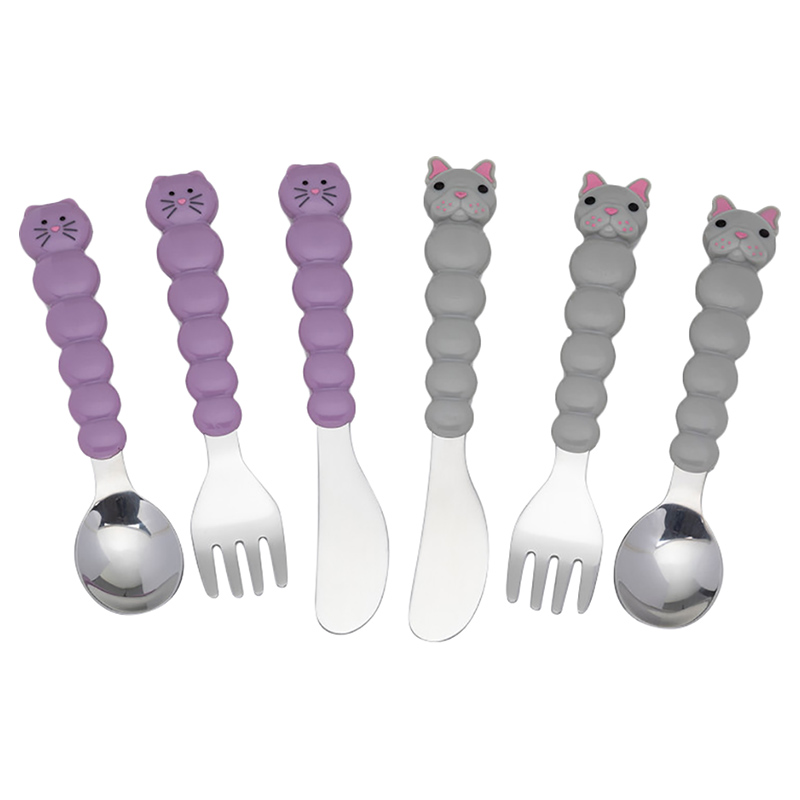 Melii - Utensil Set - 6pcs - Purple Cat & Grey Bulldog