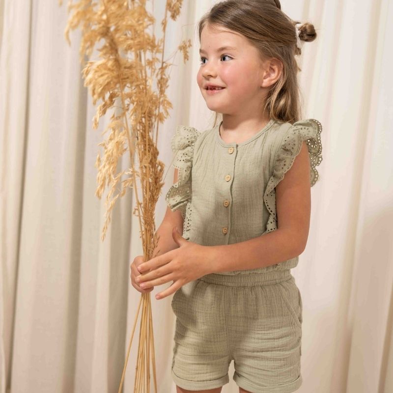 Little Dutch - Girl's Muslin Broderie Jumpsuit - Grass Green