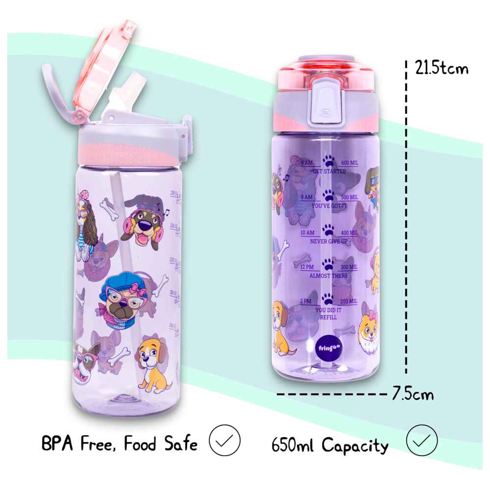 Fringoo - Locked Straw Bottle 650ml - Fancy Dogs