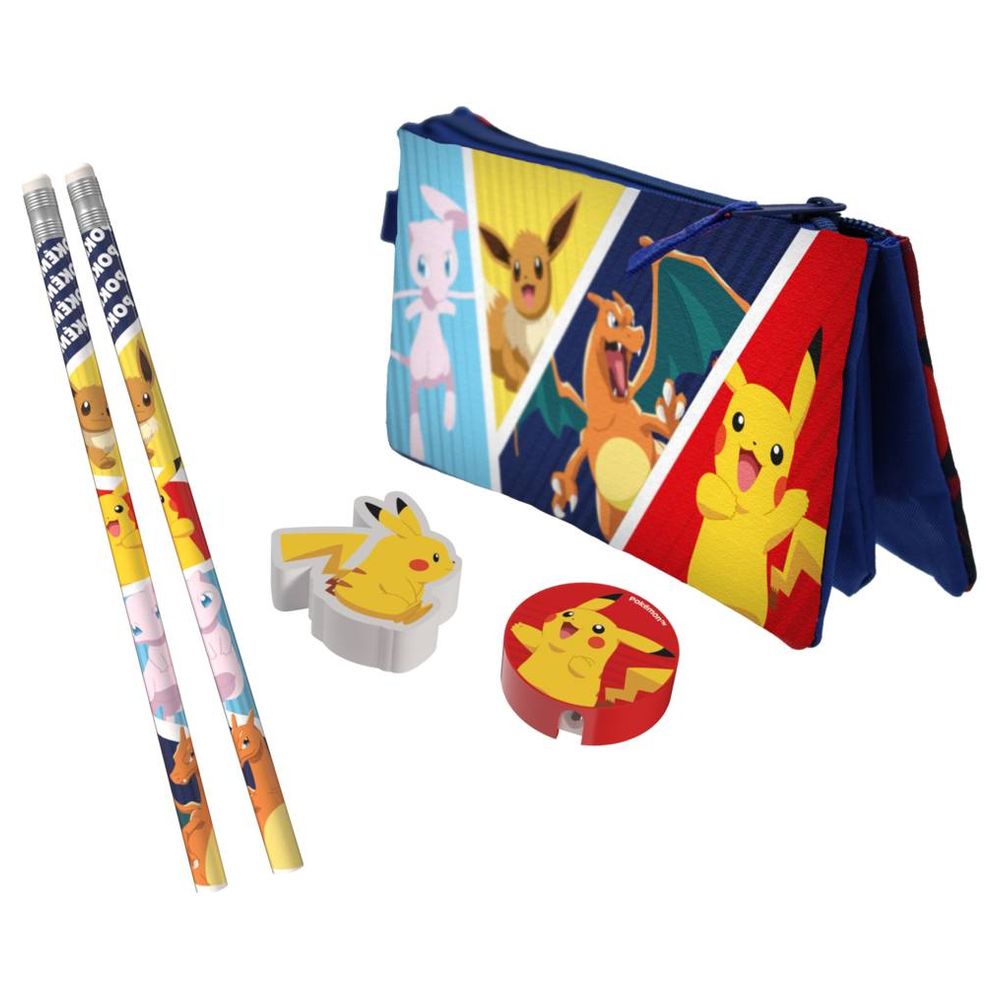 Pokemon - Triple Pencil Case With Stationery Set - 5 Pcs
