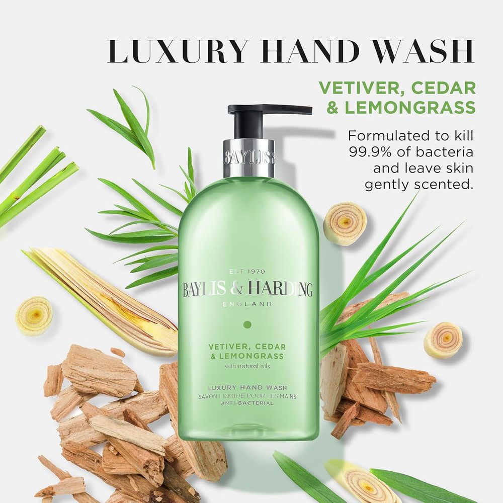 Baylis & Harding - Signature Vetiver Cedar & Lemongrass Anti-Bacterial Hand Wash - Woody & Aromatic Fragrance Vegan - 500ml
