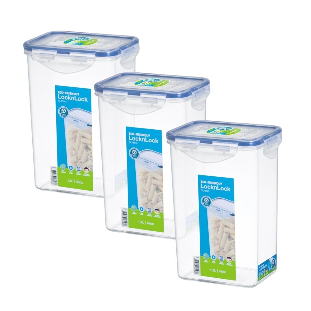 لوك&لوك – مجموعة حافظات طعام مستطيلة كلاسيكية – شفاف/أزرق – عدد 3  – 1.3 لتر
