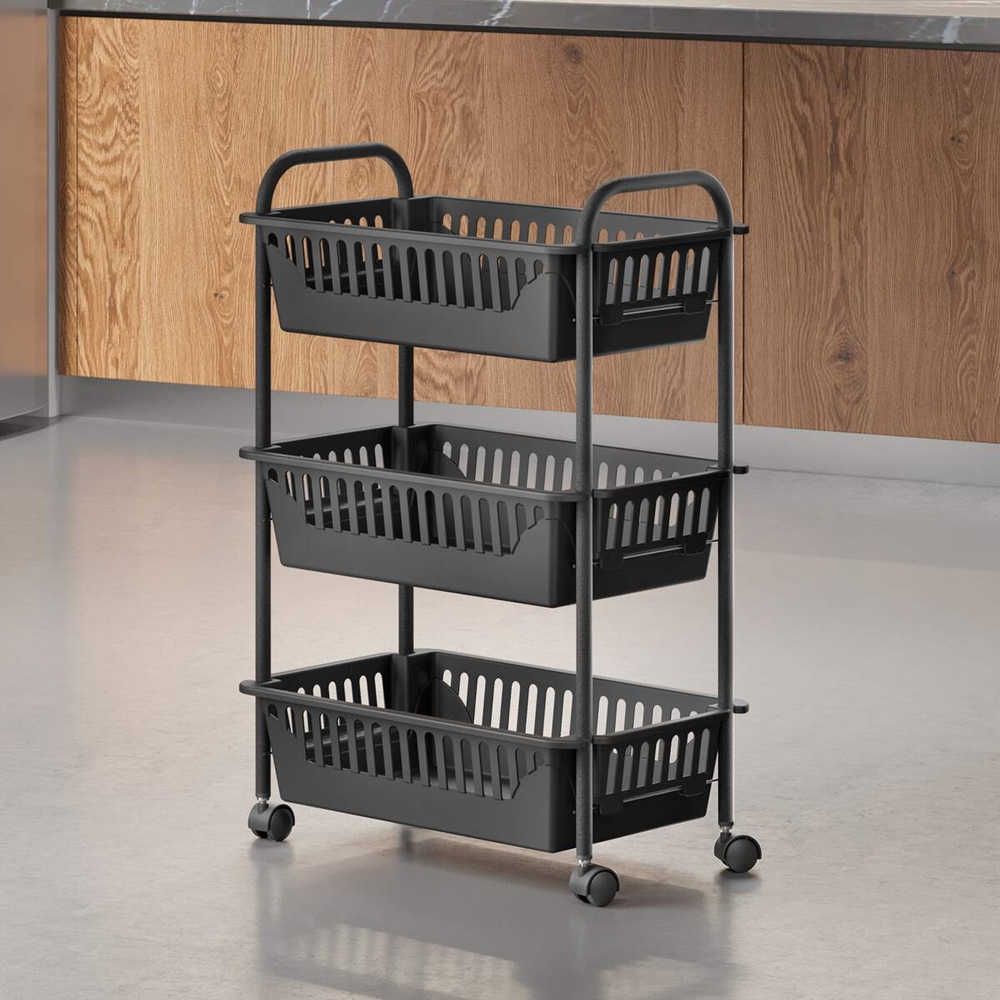 Metaltex - Oslo 3 Layer Multi Purpose Storage Basket - Rolling Cart With 360 Spinner Wheels - Touch Therm - Coating And Pp Baskets - Lava