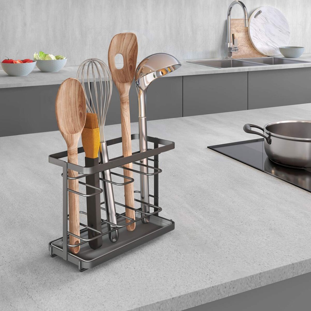 Metaltex - Kitchen Utensils Holder Tokyo Lava - Matte Black Organizer And Drainer With Removable Tray