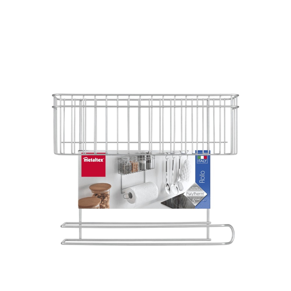 Metaltex - Kitchen Paper Holder With Basket - Rollo Polytherm Coating - Rust Resistant Countertop Organizer