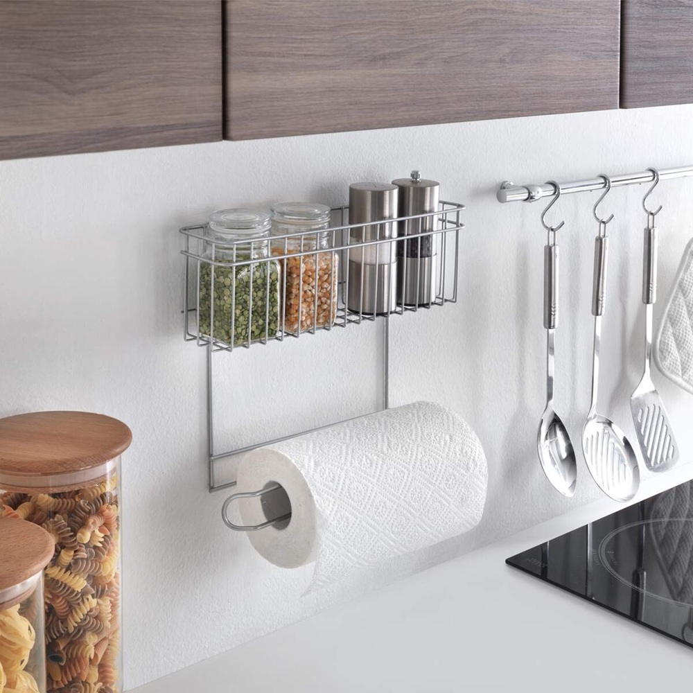 Metaltex - Kitchen Paper Holder With Basket - Rollo Polytherm Coating - Rust Resistant Countertop Organizer
