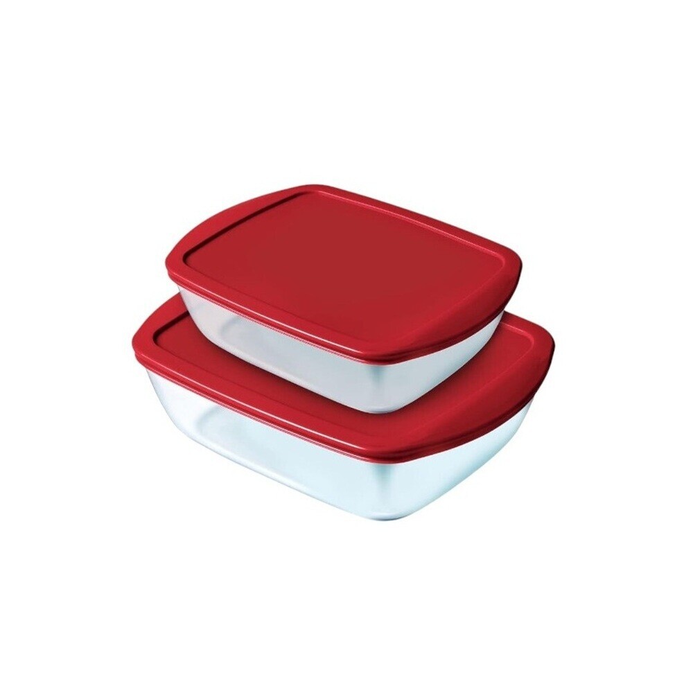 Pyrex Cook & Store Rectangular Glass Dish With Lid - Red - 2 Pcs