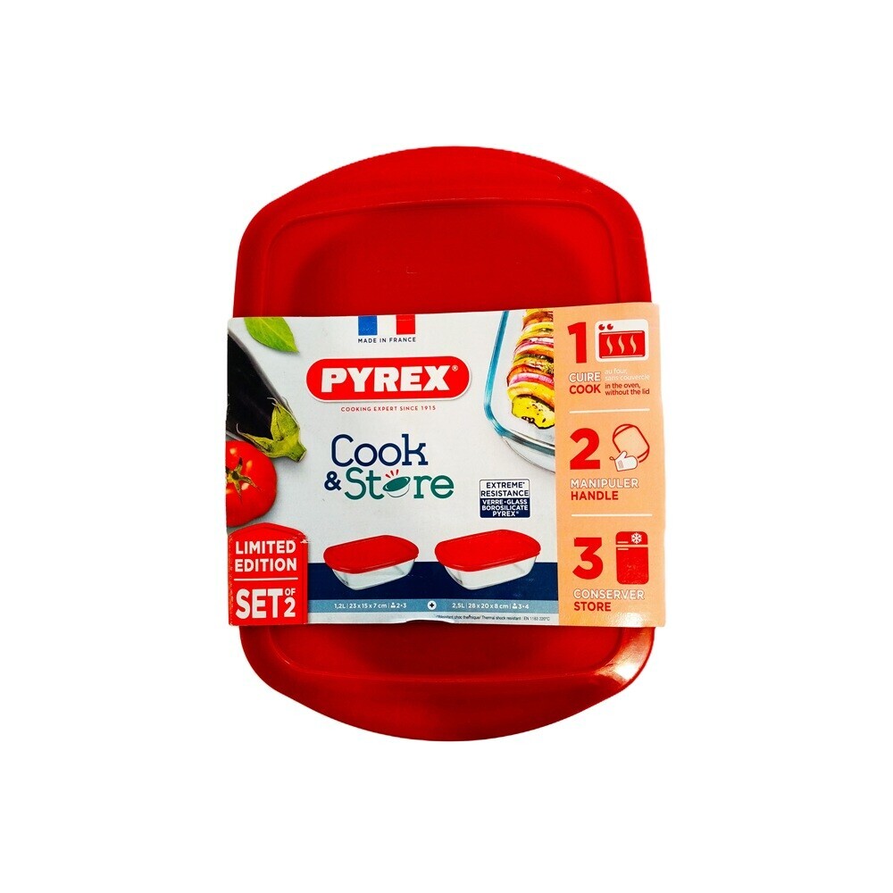 Pyrex Cook & Store Rectangular Glass Dish With Lid - Red - 2 Pcs