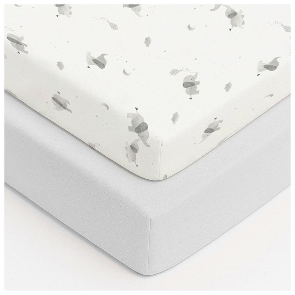 Baby Elegance Elephant Collection Jersey Fitted Sheets For Crib - 2 Pc Set - White