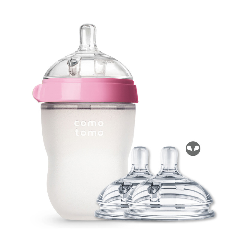 كوموتومو – رضاعة سيليكون بملمس طبيعي مع حلمة تدفق متوسط – زهري – 250 مل