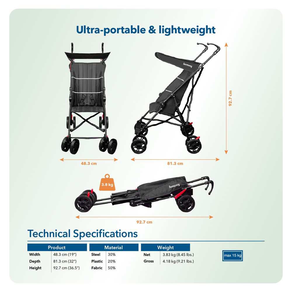 هارموني - عربة الأطفال الفاخرة القابلة للطي فيرسا - أسود
