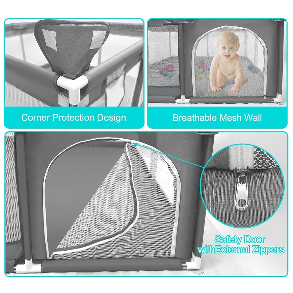 Star Babies Baby Playpen With 4 Pull-Up Rings - Dark Grey
