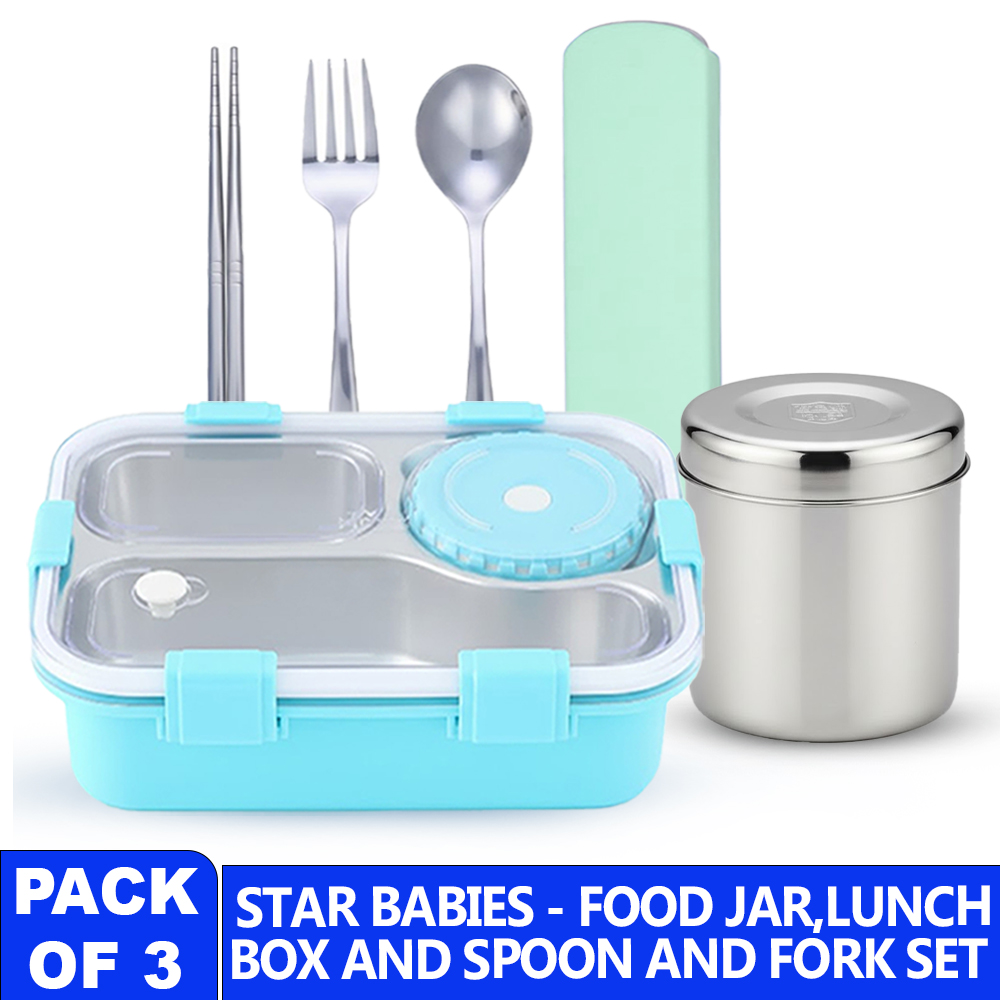 ستار بيبيز - صندوق غداء ستانلس ستيل مع برطمان طعام صغير وطقم أدوات مائدة - 7 قطع