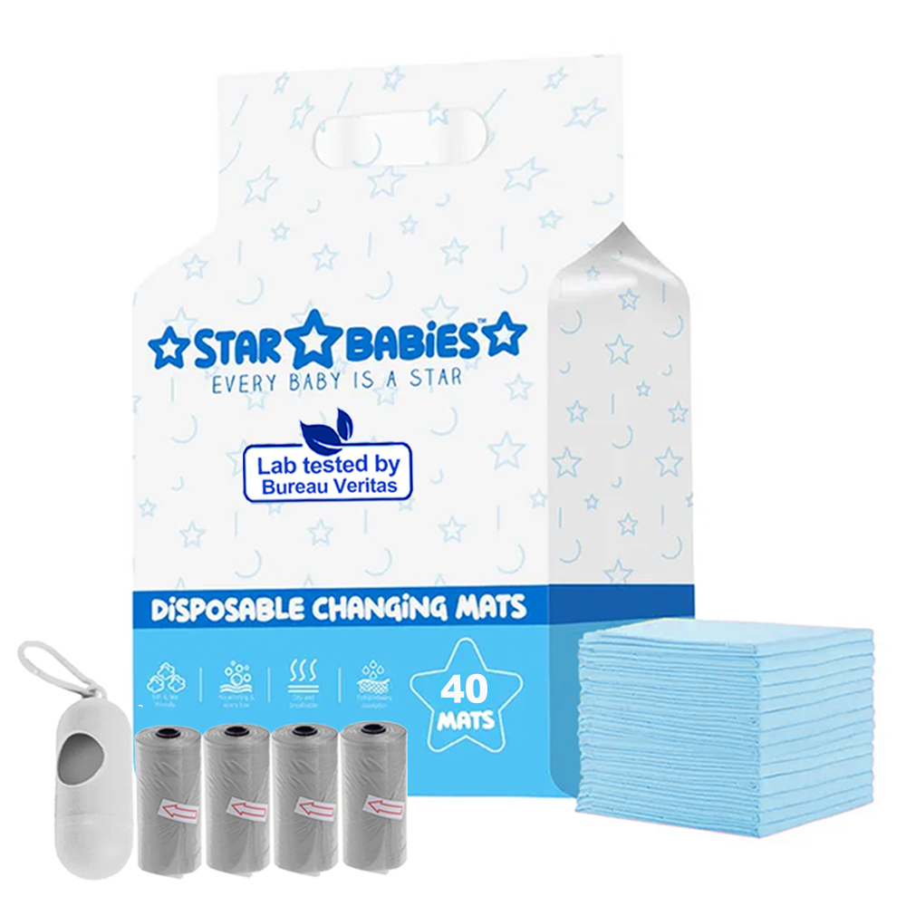 ستار بيبيز - بساط تغيير حفاضات للاستخدام مرة واحدة، 40 قطعة مع حقيبة حفاضات معطرة للاستخدام مرة واحدة، 60 قطعة - أزرق/رمادي