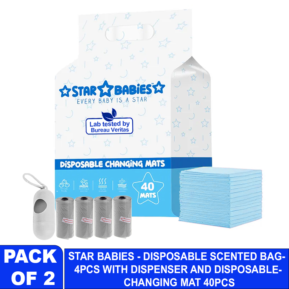 ستار بيبيز - بساط تغيير حفاضات للاستخدام مرة واحدة، 40 قطعة مع حقيبة حفاضات معطرة للاستخدام مرة واحدة، 60 قطعة - أزرق/رمادي