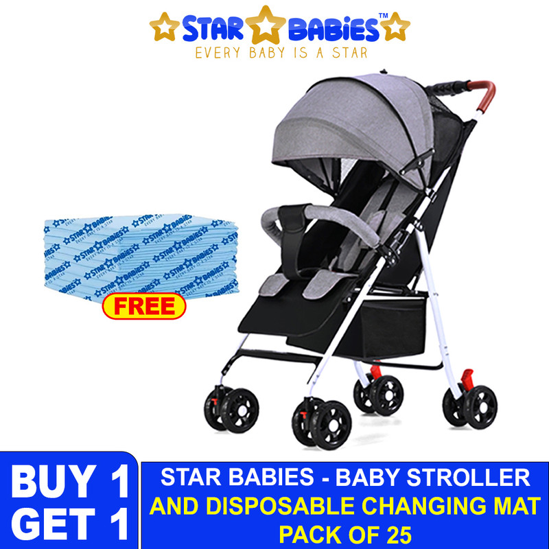 Star Babies - Lightweight Compact Fold Stroller With Free 25-Pc Disposable Changing Mat - Grey/Blue