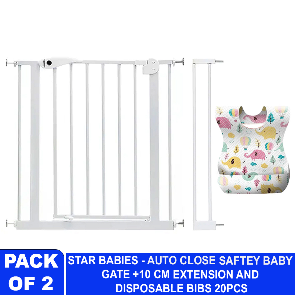 Star Babies - Auto-Close Safety Gate - 75-84cm + 10cm Extension Kit  & Baby Disposable Bibs - 20pcs