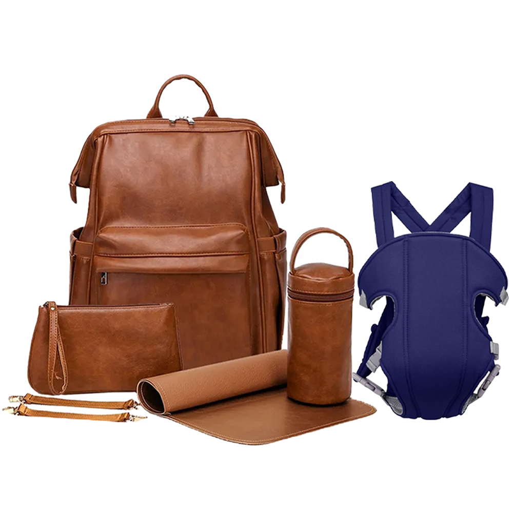 Star Babies - PU Leather Diaper Bag Set - 6 Pcs With Baby Carrier Wrap Sling - Brown/Blue
