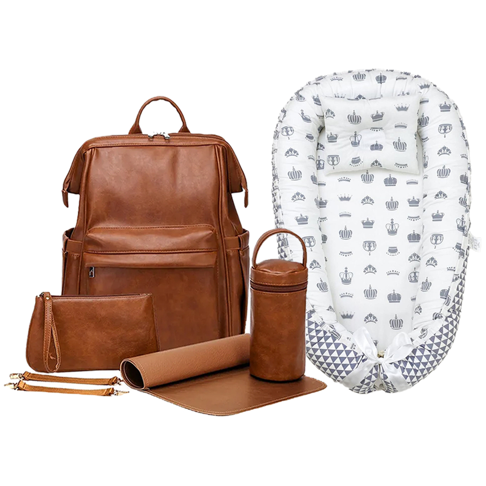 Star Babies - PU Leather Diaper Bag Set - 6 Pcs With Baby Sleeping Pod - Brown/Grey