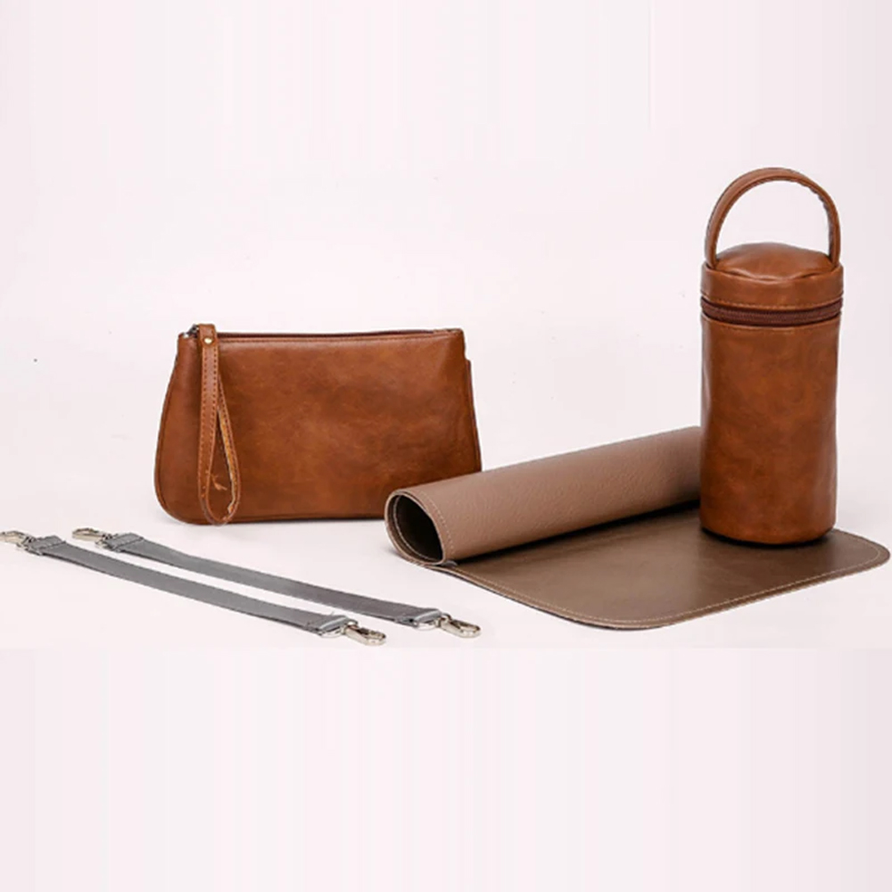 Star Babies - PU Leather Diaper Bag Set - 6 Pcs With Baby Crib - Brown/Grey